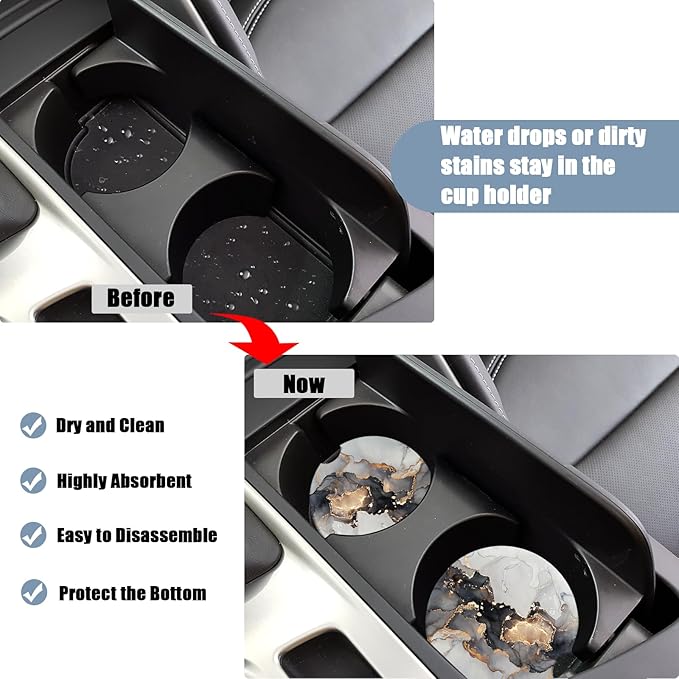 Car Cup Holder Coaster - Black White Marble Absorbent Ceramic Coaster, Car Coasters for Cup Holders, Auto Accessories for Women & Men, Pack of 2