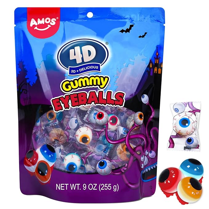 Amos Gummy Eyeball Halloween Candy Eye Candy Treats for Kids & Parties, 3D Gummy Eyeballs, Individually Wrapped,Sharing, 9oz Bag