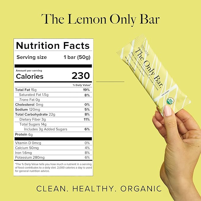 Truvani Plant Based Snack Bars | Lemon Bar 1 Pack | 6g Protein | USDA Organic and Vegan | The Only Bar | Dairy, Soy, and Gluten Free | Individually Wrapped