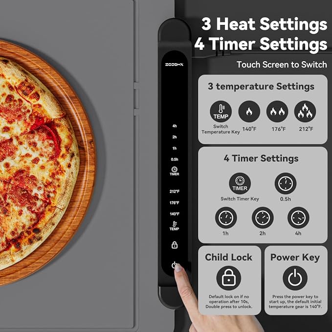 Food Warming Mat Electric Tray: Adjustable Silicone Heating Pad with 3 Temperature Settings 4 Timer Function Portable Roll Up Hot Plate for Buffets Party Gatherings Kitchen Countertop Black Gray