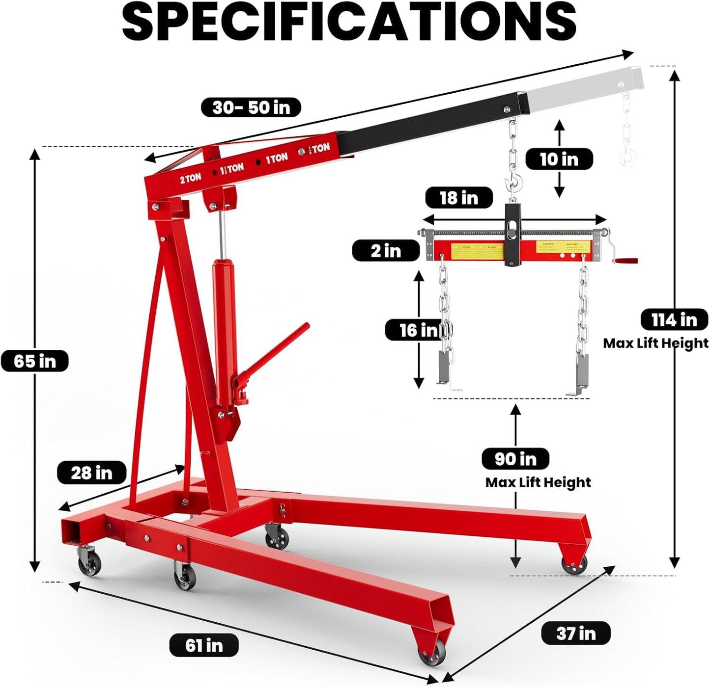 5000 LBS Engine Hoist with Load Leveler, Heavy Duty Alloy Steel Folding Cherry Picker Engine Hoist with 8 Ton Hydraulic Long Ram Jack, Ease of Assembly 2 Ton Engine Hoist for Workshop Warehouse Garage