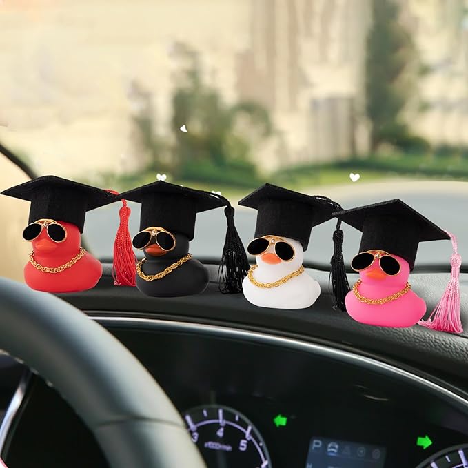 wonuu Car Dashboard Decor Graduation Hat Color Rubber Duck, Car Ducks Ornaments with Mini Graduation Hat Necklace Sunglasses (Pink)