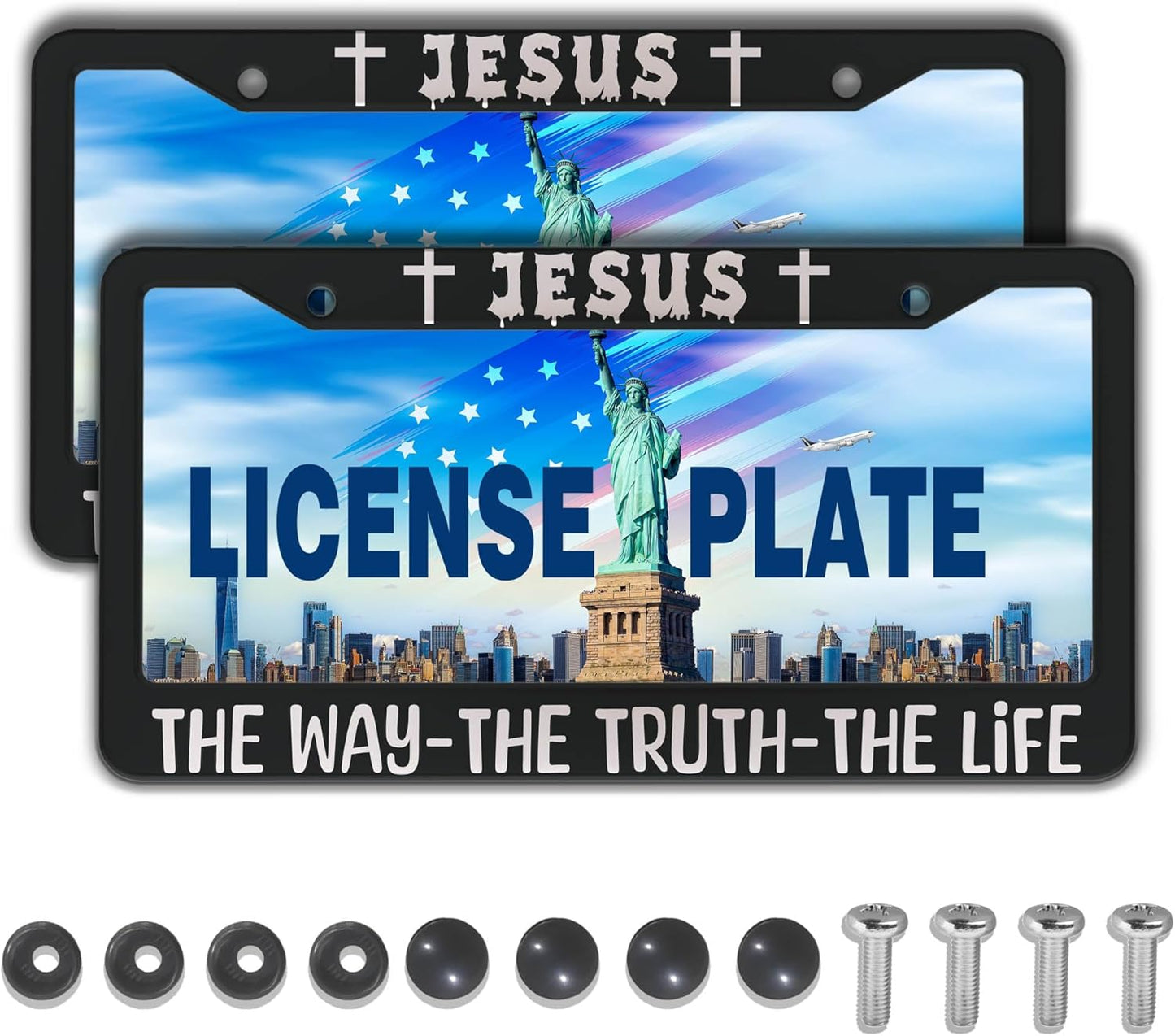 License Plate Frame Black and White Front License Plate Bracket Jesus The Way The Truth The Life Aluminum Metal Car Accessory 2 Pack with Screw Covers Set