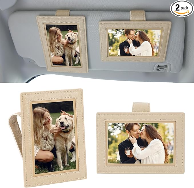 KINIVA 2 Pack Car Picture Holder - Magnetic Faux Leather Picture Frame for Safe Driving - Gift for Dad Mom Husband Wife Car Visor Accessories, Car Accessory (Fits 2.5"x3.5" Photos) (Apricot)