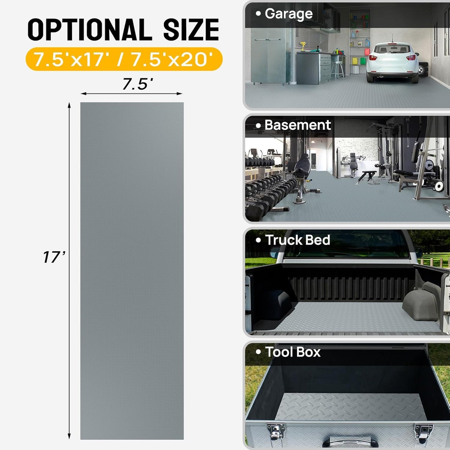 TUFFIOM 7.5 x 17 FT Garage Floor Mat, Thickened Diamond Plate PVC Garage Mats Flooring Roll for Under Car, Garage Car Parking Mats for Compact SUVs, Sports Car