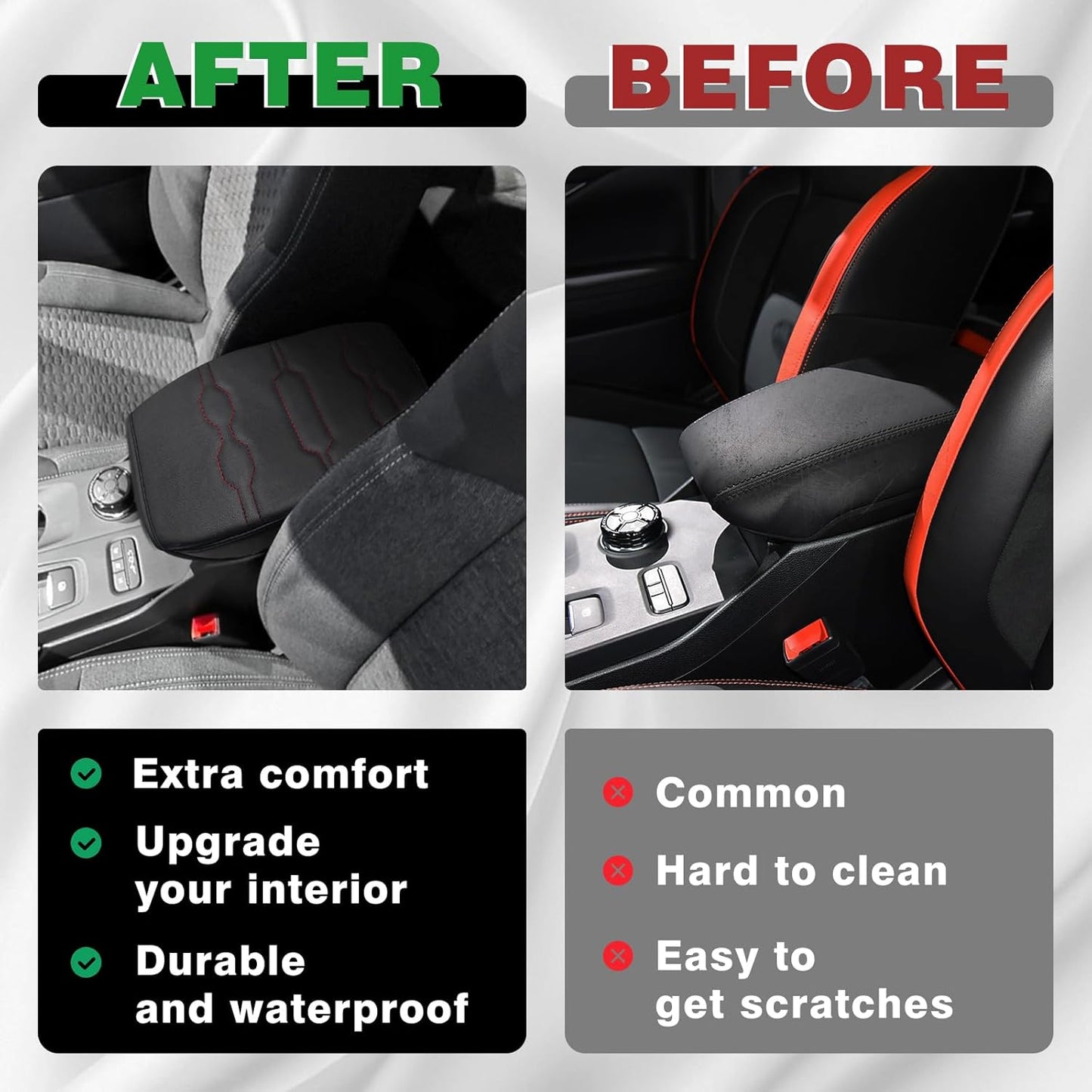 Muslogy Center Console Armrest Cover Compatible with Ford Ranger 2024 2025 Accessories Comfort Armrest Pad Cushion Box Lid Cover Vegan Leather Protector Regular Thick(Black/Orange Stitching)