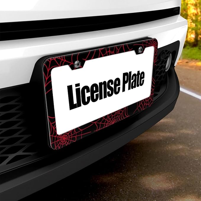 Red Spider Web License Plate Frame, Funny Cobweb Aluminum License Plate Holder, Halloween Black Car Tags with Screws 6 X 12 in
