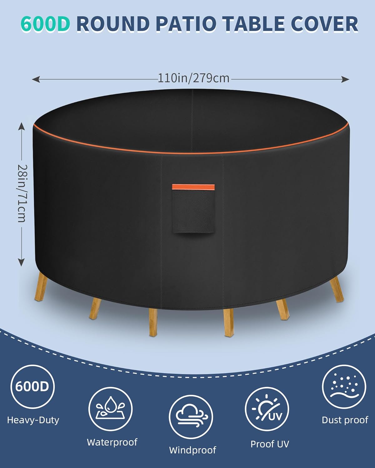 Round Patio Furniture Cover, 110 Inch Diameter Waterproof 600D Heavy Duty Table and Chair Set Protection Black