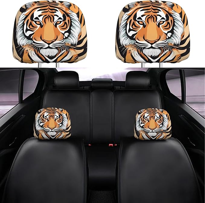 Dujiea 2 Pack Tiger Animal Print Car Headrest Covers, Universal Soft Car Seat Head Rest Protector, Vehicle Accessories Fabric Headrest Cover for Cars Vans Trucks