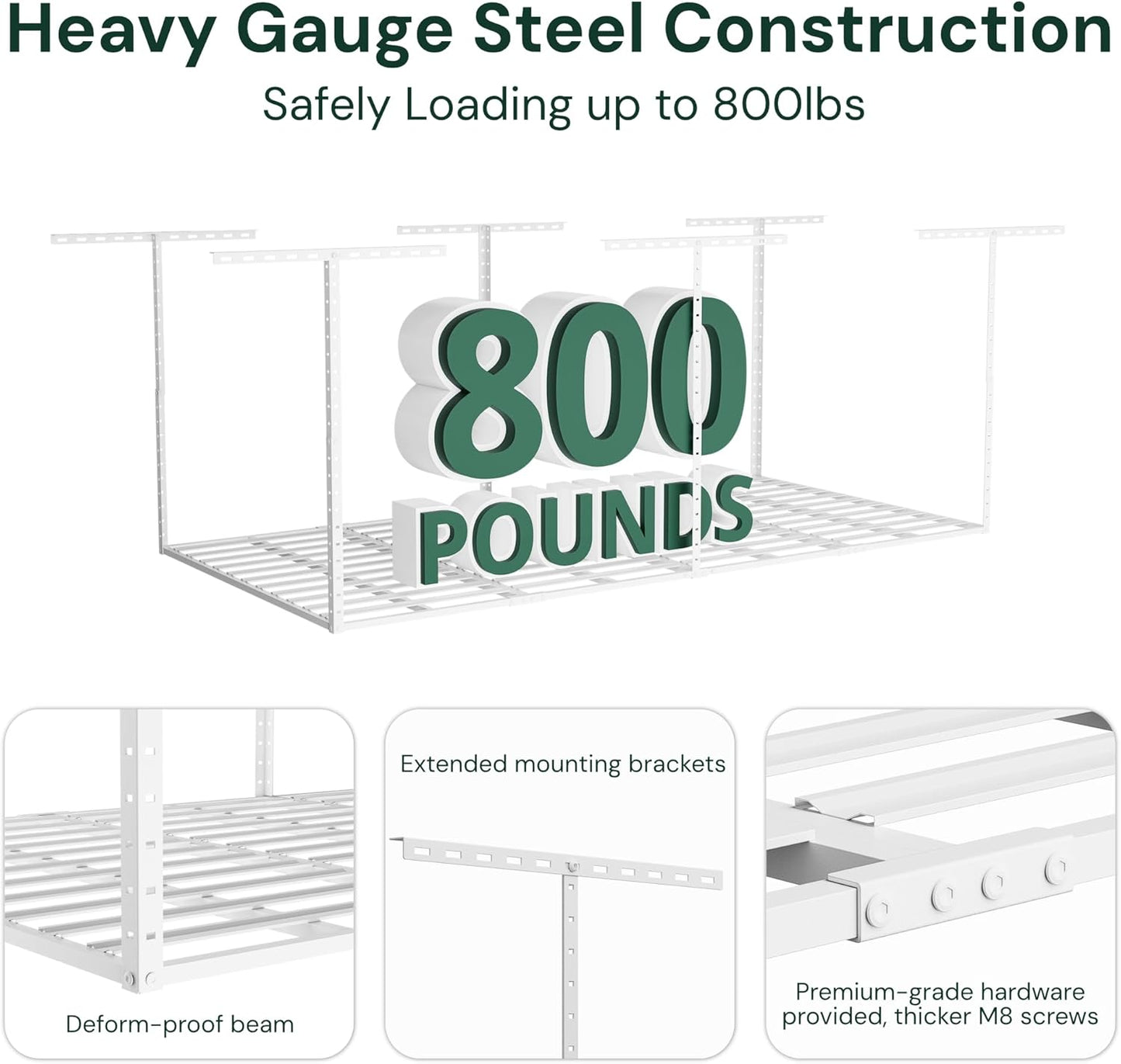 SunsGrove 2x8 Garage Overhead Storage Rack, Adjustable Heavy Duty Hanging Garage Storage Shelves, Ceiling Mounted Storage Racks, 800LBS Weight Capacity, 22"-40" Ceiling Dropdown, 2 Packs, White