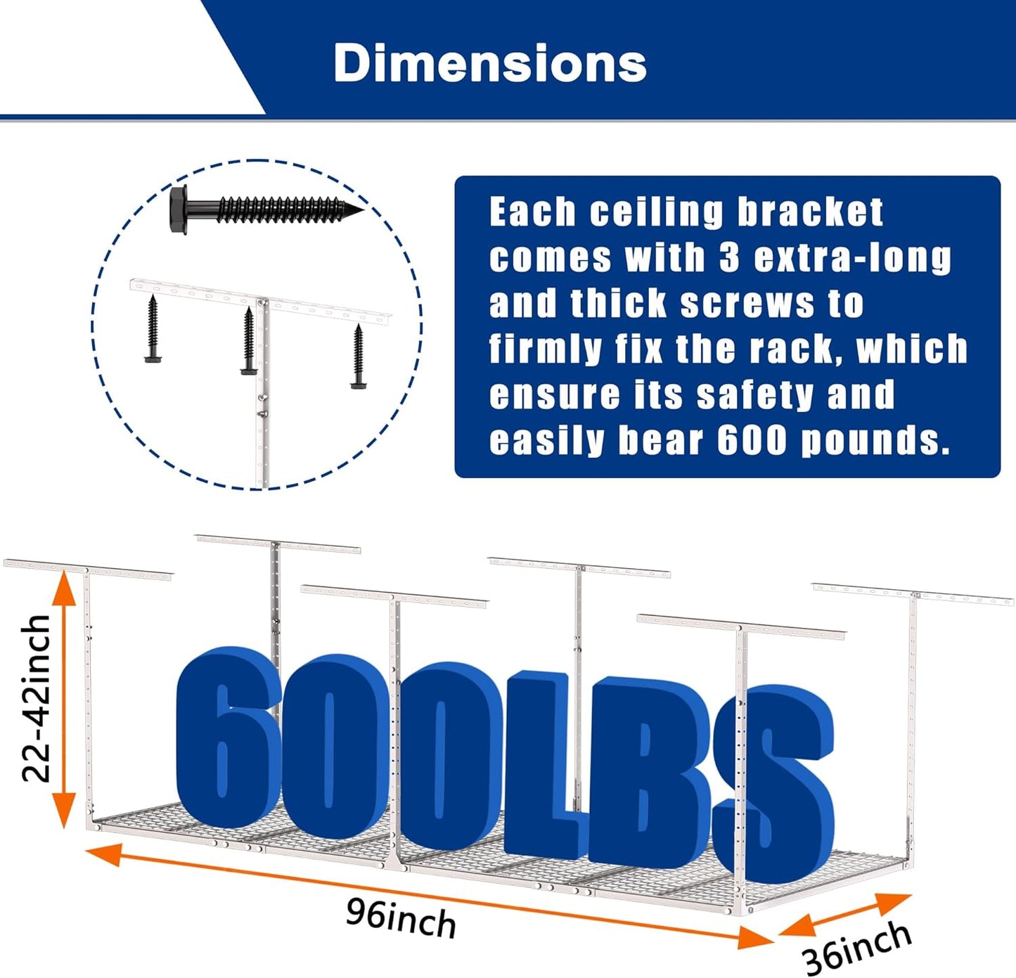 GIOTORENT 3x8FT Heavy Duty Overhead Garage Storage Rack - Adjustable Ceiling Shelving with 600lbs Weight Capacity, Metal Garage Organization System, White