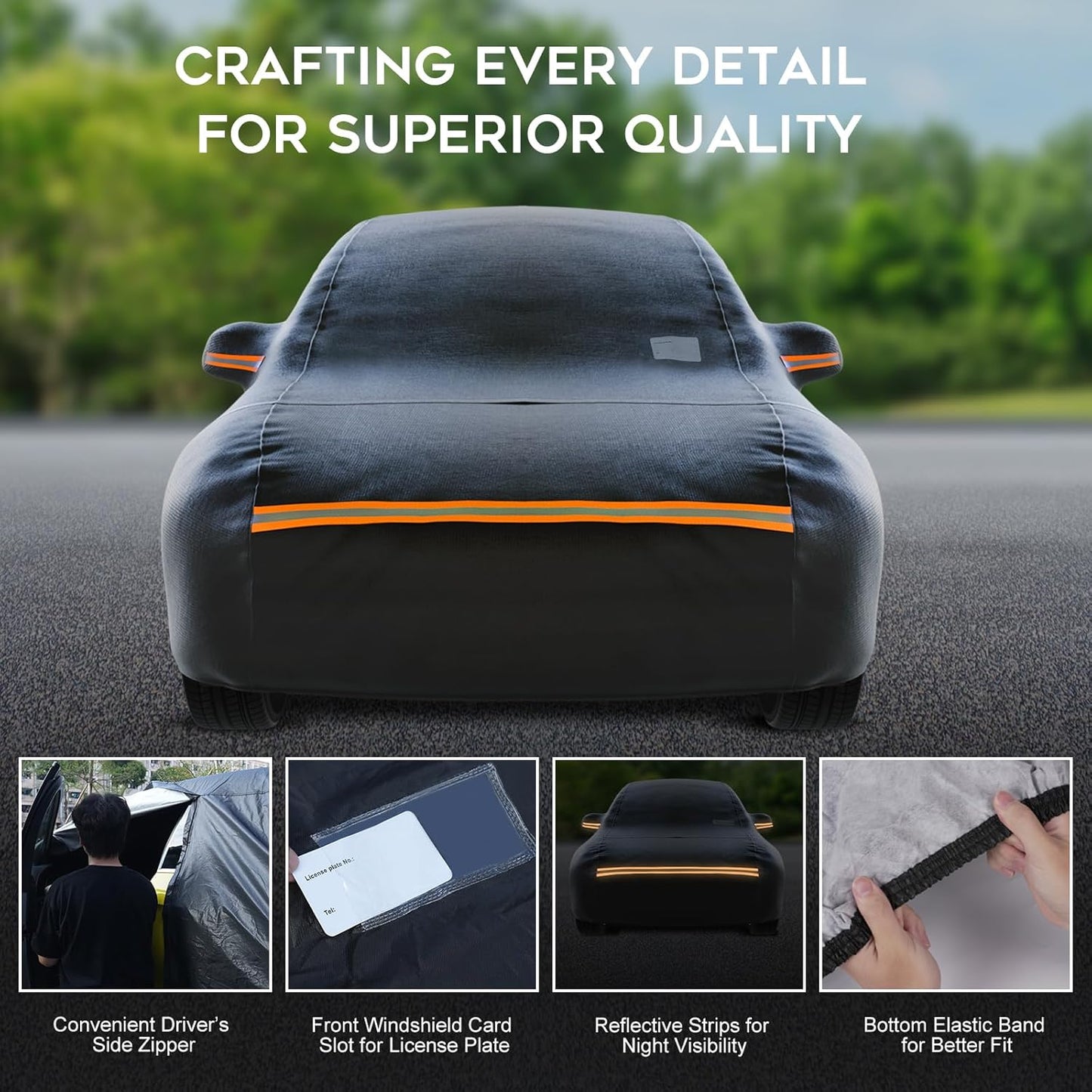 Hatchback Car Cover Waterproof All Weather for Automobiles，Outdoor Heavy Duty Full Exterior Covers with Zipper Door, Rain Sun Snow Dust UV Protection, Windproof Straps & Reflective Strips(Up to 177")