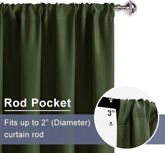 JIUZHEN Blackout Curtains for Bedroom - Thermal Insulated Room Darkening Rod Pocket Curtains for Living Room, Set of 2 Panels with Tiebacks, 52 x 72 Inch Length, Olive Green