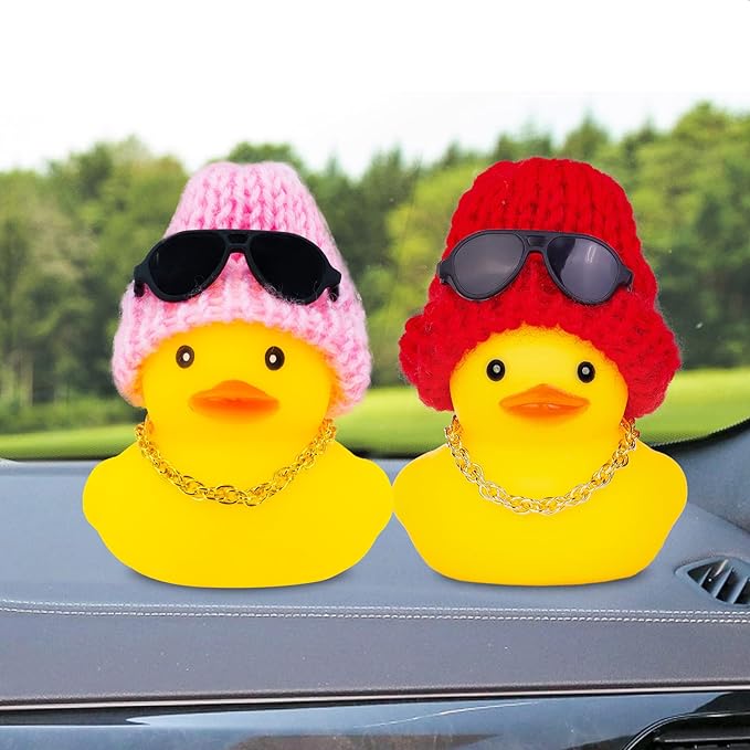 Car Rubber Duck,Yellow Duck Car Dashboard Decorations Accessories with Mini Beanie Hat Necklace and Sunglasses(W1)