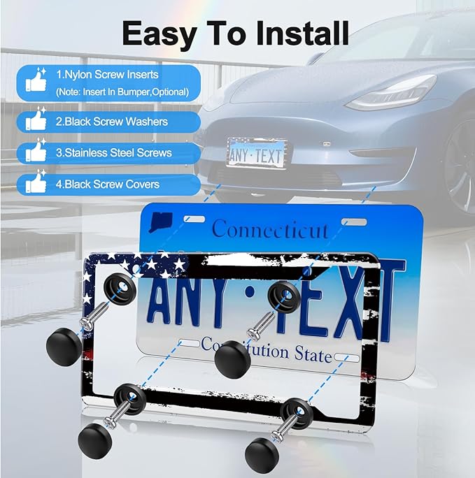 American Flag License Plate Frames Holder,Aluminum Novelty Decorative License Plate Protector with Screws for Men/Women,Car Decoration Accessories,2pcs-Blue Black American Flag
