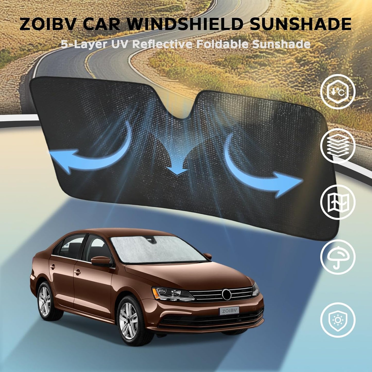 Windshield Sun Shade for Volkswagen VW Jetta 2011-2018 - 5-Layer Bubble Foldable Front Window Shade Sun Visor Accessories - Blocks Heat & UV Rays