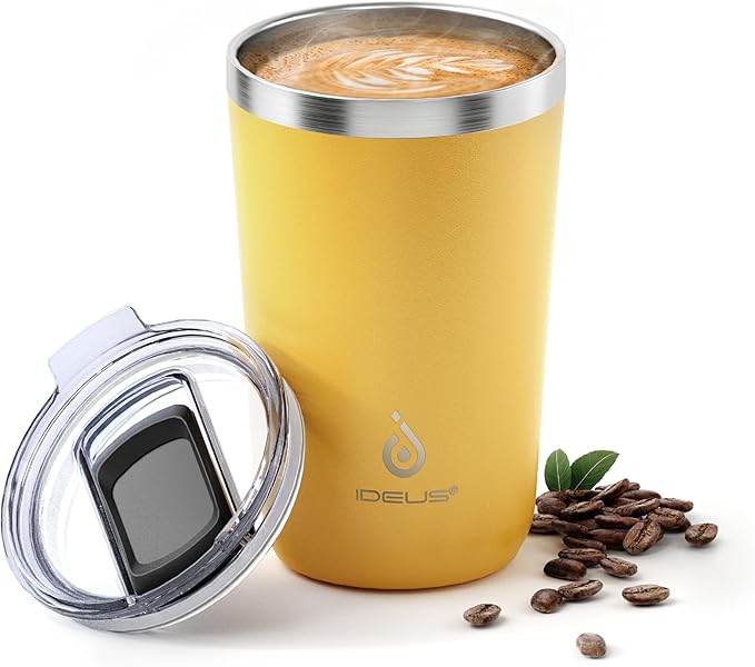 Ideus 20 oz Tumbler, Travel Coffee Mug with Splash Proof Sliding Lid, Double Wall Stainless Steel Vacuum Insulated Coffee Mug for Home and Office, Keep Beverages Hot or Cold (Light Yellow)