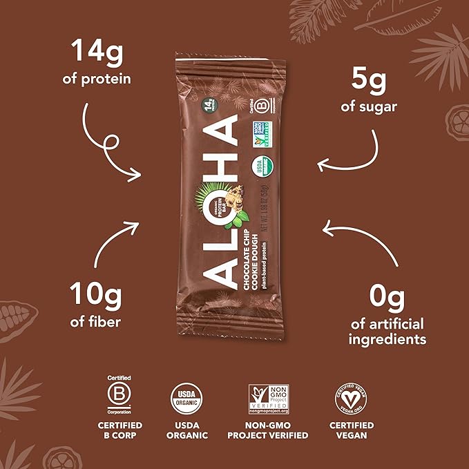 Aloha Organic Plant Based Protein Bars Chocolate Chip Cookie Dough, 1.98 Oz,(Pack of 12)
