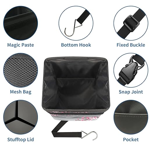 Car Trash Can Pink Cherry Blossom Wate-rproof Auto Garbage Bag Car Trash Can with Lid Leak-Proof Car Storage Bag Hanging for Headrest Collapsible and Portable with Storage Mesh Pocket