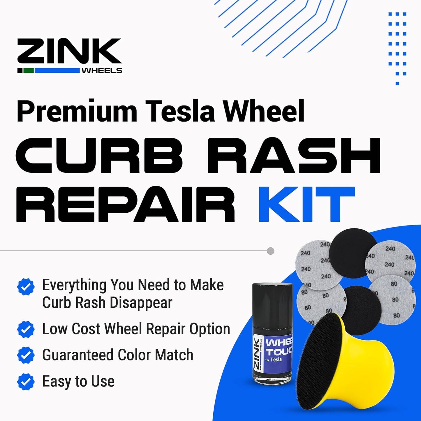 Premium Tesla Wheel Curb Rash Repair Kit for Model 3 20-inch Zero-G Rims - DIY Kit with Color-matched Touch Up Paint - Made in USA