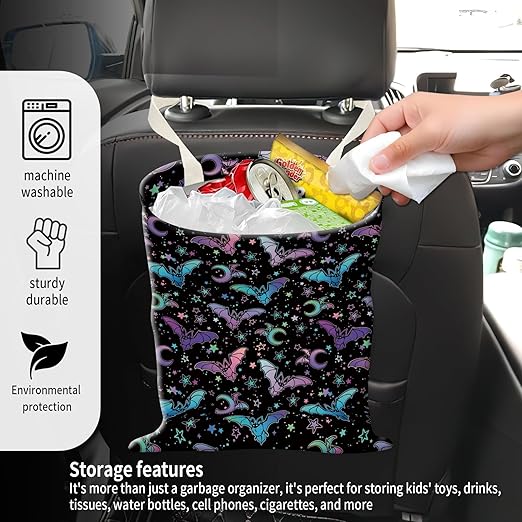Car Garbage Can, Seat Back Hanging Cute Car Trash Can Bag, Car Organizer and Storage Bag for Travelling, Outdoor Cute Colorful Bats