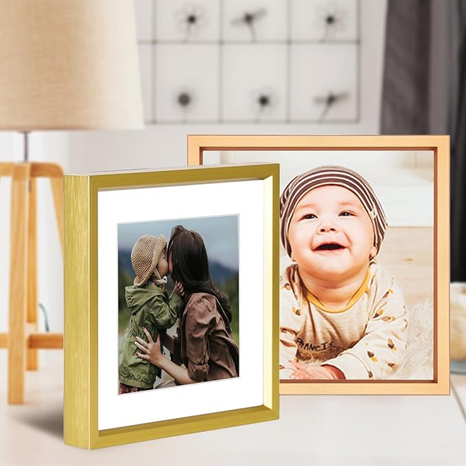 4x4 Picture Frame, Brass Metal Photo Frames with HD Glass, Fits 3x3 with Mat or 4 x 4 without Mat, Display for Wall and Table, 1 Pack