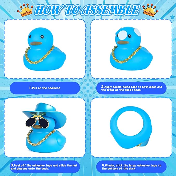 Laser Blue Cowboy Rubber Duck with Hat, Sunglasses & Necklace - DIY Car Dashboard Decor, Squeaky Sound, Premium Rubber, Adult Gift