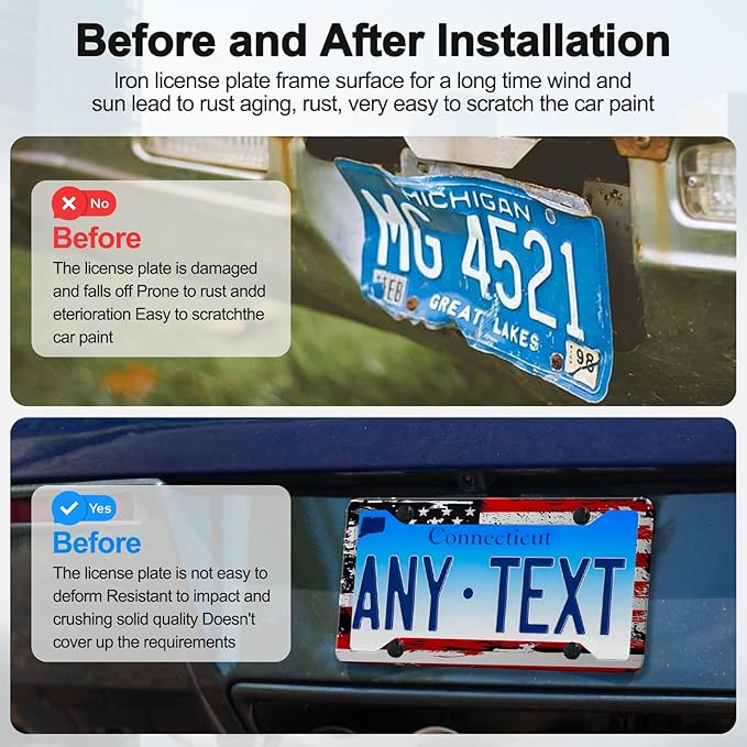 American Flag License Plate Frames Holder,Aluminum Novelty Decorative License Plate Protector with Screws for Men/Women,Car Decoration Accessories,2pcs-Blue Red American Flag