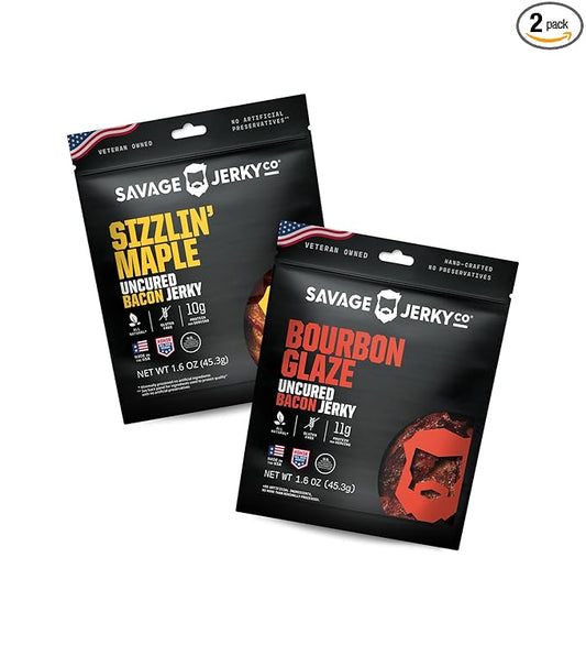 Uncured Bacon Jerky 2-Pack - Maple Cayenne & Bourbon Glaze
