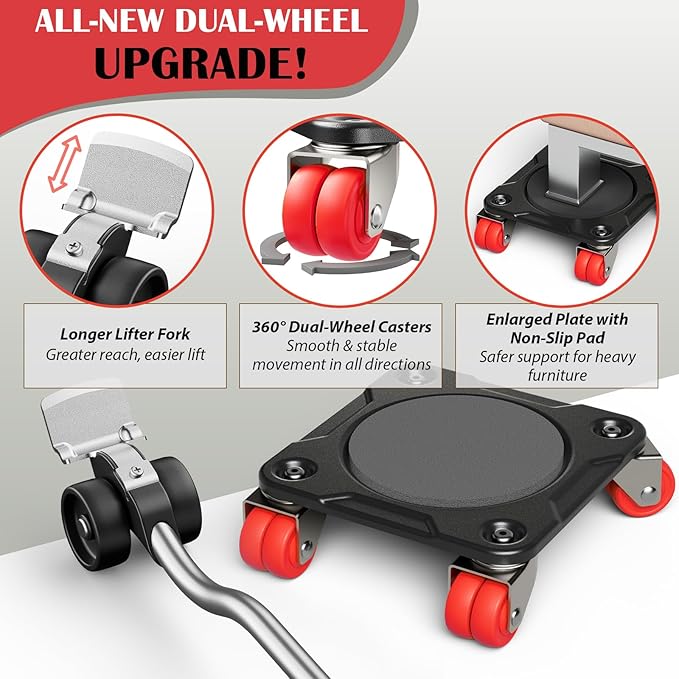 ONEON Furniture Mover Ultra with 8 Wheels – All-New Upgraded Heavy Item Moving Tool Double-Wheeled Low-Profile Dolly with Auxiliary Lifter, Full Carbon Steel Panels, Supports up to 1650 lbs