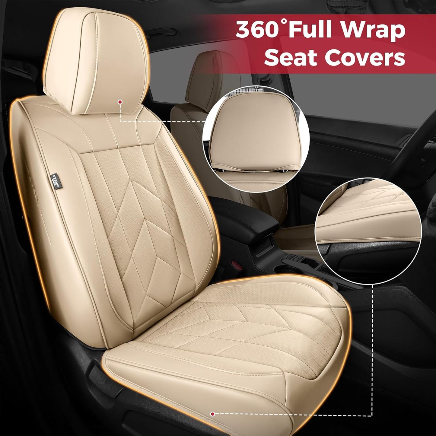 Beige Car Seat Covers Full Set - Waterproof Leather Car Seat Protector Universal Fit Altima Murano Accord Avalon