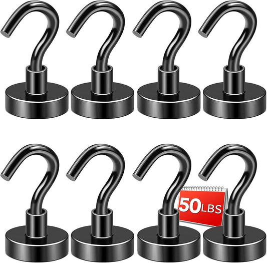 DIYMAG Black Magnetic Hooks, 50 LB Heavy Duty Strong Magnets with Hooks, Rare Earth Neodymium Magnetics Hooks for Cruise Cabins Cruise Ship Essentials 8 Packs