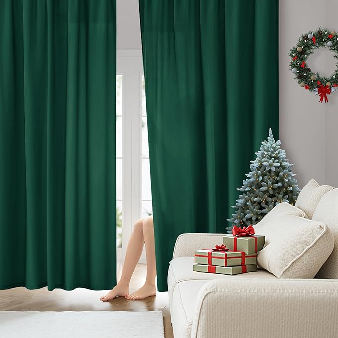 HOMEIDEAS Christmas Non-See-Through Hunter Green Privacy Sheer Curtains, 52 X 63 Inches Long 2 Panels Sheer Curtains Light Filtering Window Drapes for Bedroom Living Room