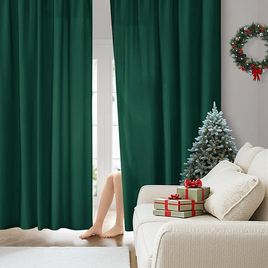 HOMEIDEAS Christmas Non-See-Through Hunter Green Privacy Sheer Curtains, 52 X 63 Inches Long 2 Panels Sheer Curtains Light Filtering Window Drapes for Bedroom Living Room