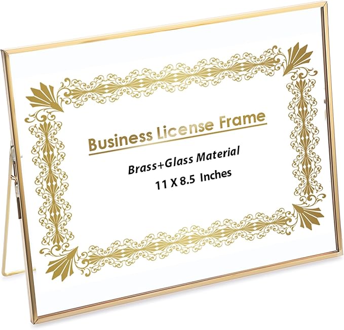 JUXYES Tabletop Business License Frame Brass License Certificate Display Frame, Double Glass Floating Diploma Frames, Desktop Golden Graduation Frames for 8.5x11 Certificate Business Licenses