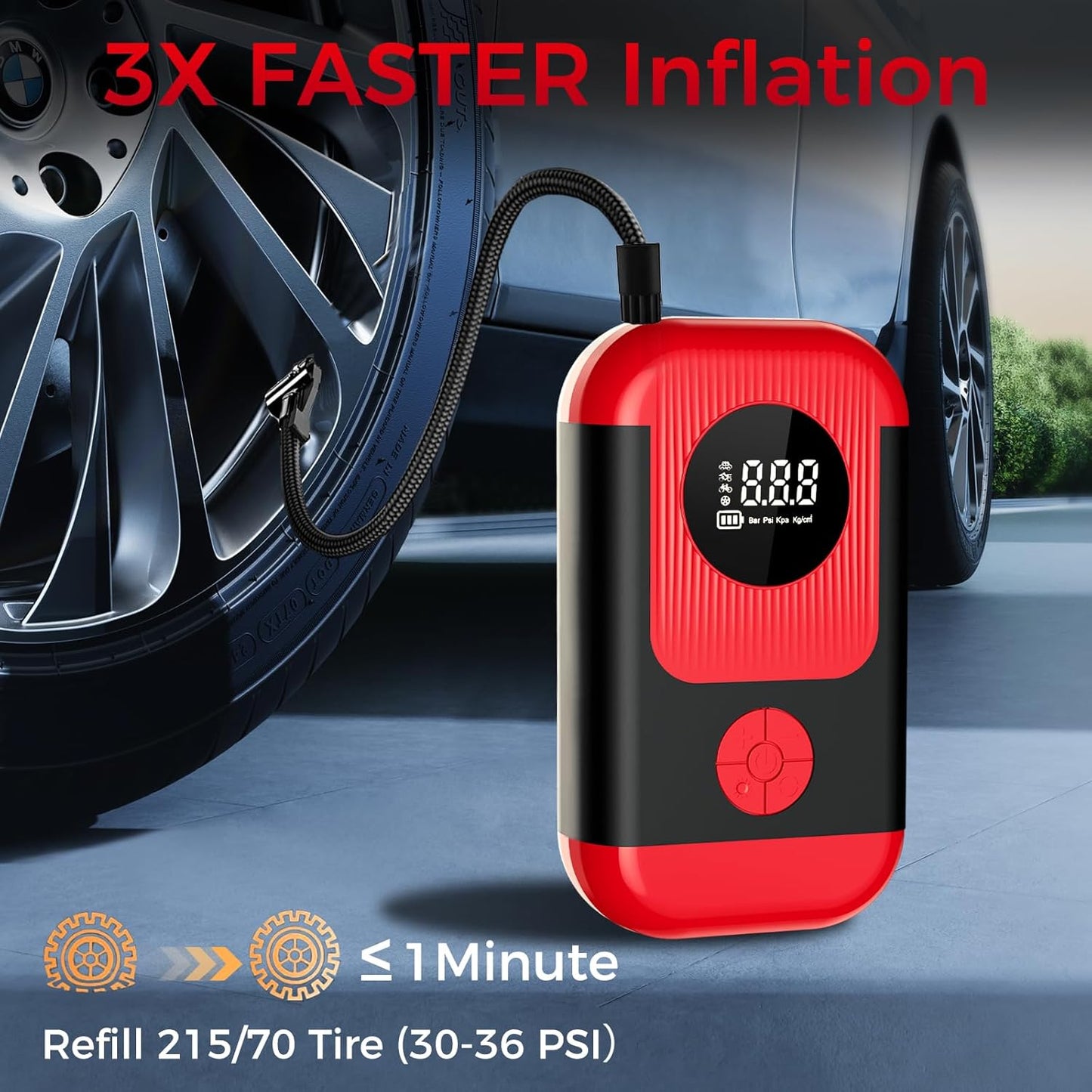 Tire Inflator Portable Air Compressor & Car Jump Starter, Cordless Air Pump with LED Light & Pressure Gauge for Auto,Motorcycles,Bikes,Balls, Emergency Battery Booster & Phone Charger,150PSI