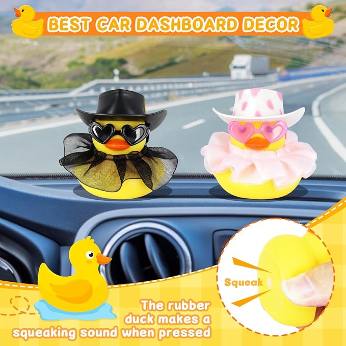2 Pcs Cowboy Rubber Ducks for Car Dashboard Decorations, Pink Polka Dot & Black Cowgirl Duck with Hat, Glasses and Tulle Skirt, DIY Car Duck Accessories, Squeaky Stress Relief Toy Gift