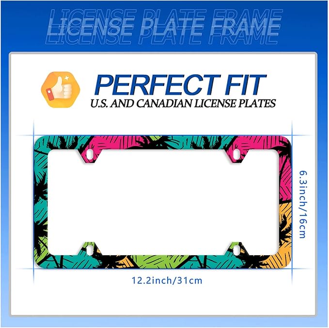 Tropical Palm Trees License Plate Frame Colorful License Plate Stainless Steel Auto Parts Funny License Plate Decorative with Screws Size 12.3" x 6.3" for Men Women