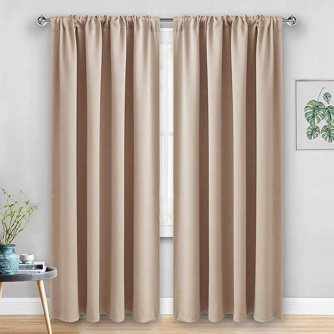 JIUZHEN Blackout Curtains for Bedroom - Thermal Insulated Room Darkening Rod Pocket Curtains for Living Room, Set of 2 Panels with Tiebacks, 52 x 90 Inch Length, Beige