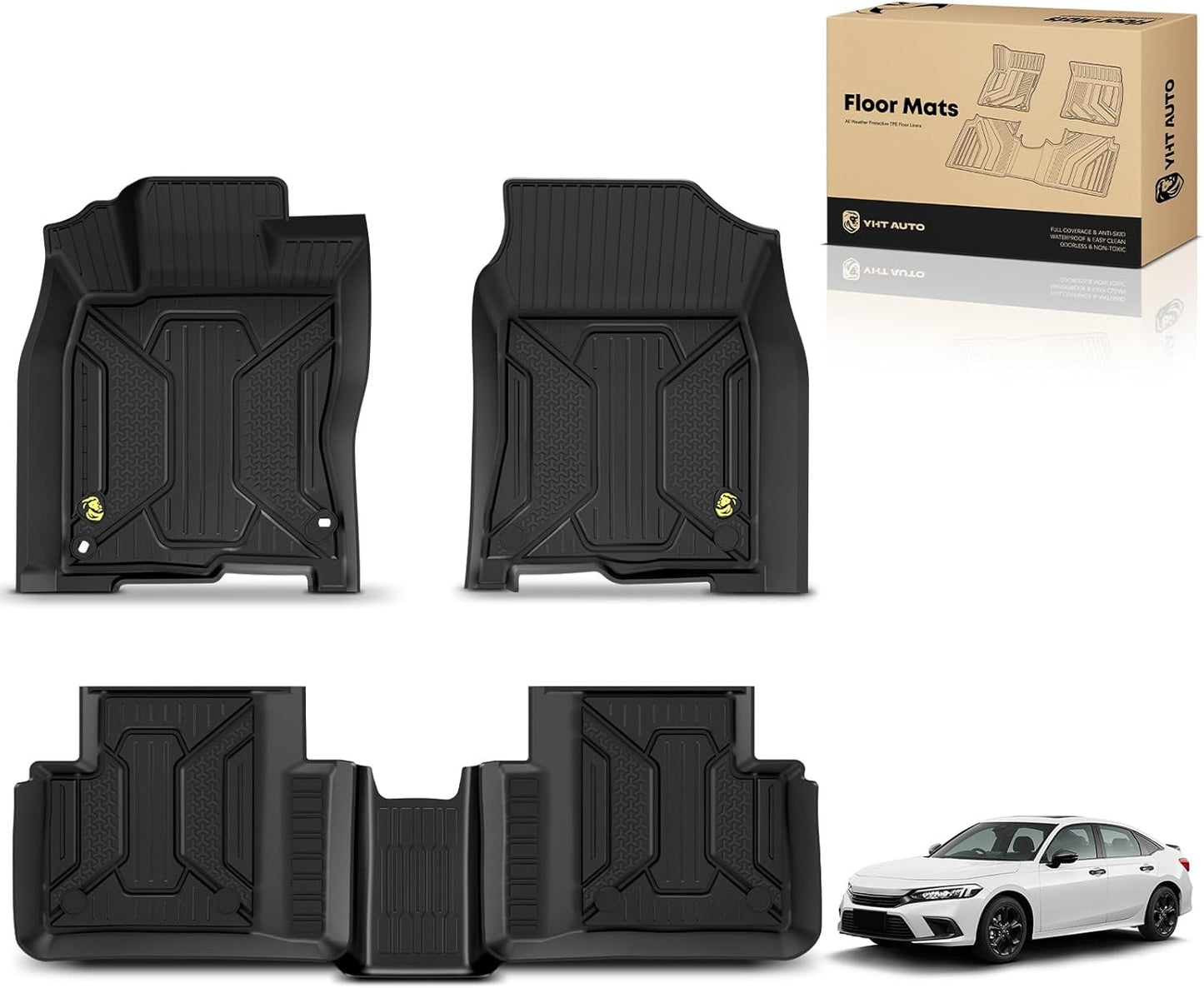YHTAUTO Floor Mats Fit 2016-2021 Honda Civic Coupe/Sedan/Type R, 2017-2021 Civic Hatchback, TPE All Weather Floor Liner Odorless Custom Fit Car Mats, 1st 2nd Row Civic Accessories