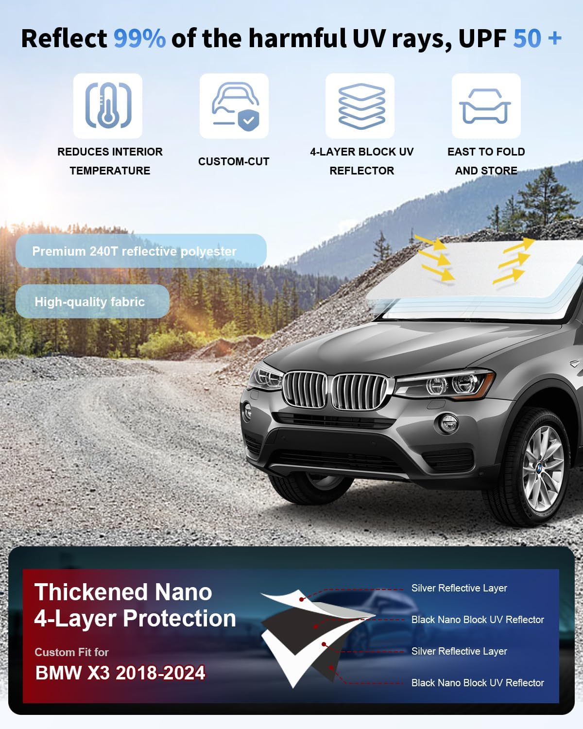 Windshield Sun Shade Sunshade for 2018-2024 BMW X3 Windshield Cover for 2023 2025 BMW X3 Base, xDrive28i, xDrive35i, M Sport SUV Accessories Foldable Sun Visor Protector Front Window UV Rays Blocker