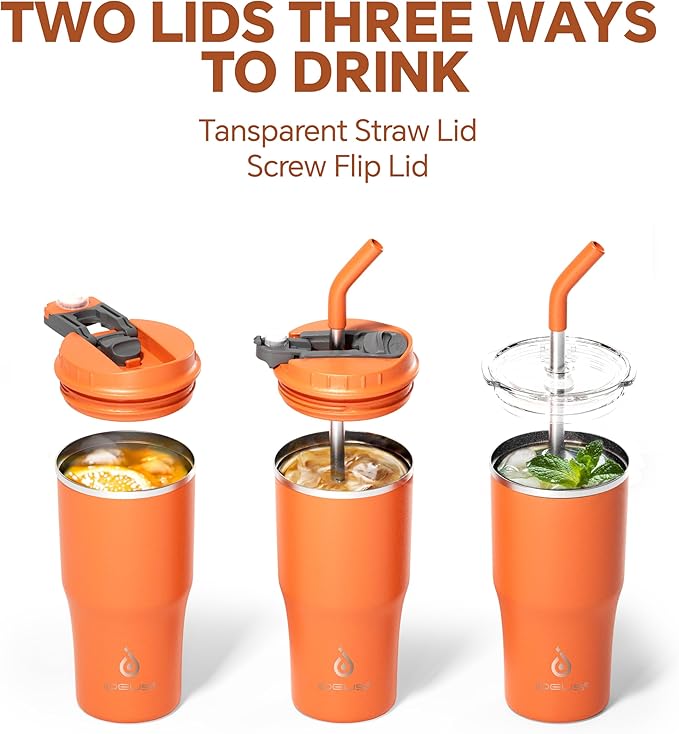 Ideus Insulated Tumbler with Lid and Straw 18 oz, Stainless Steel Double-Wall Vacuum Leak-Proof Travel Coffee Mug, Cup Holder Friendly, Orange Tiger