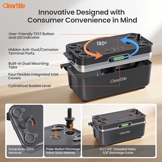 Cleartide Condensate HVAC Pump, Ultra-Quiet 25dB, 1/30 HP 135 GPH, 100-240V, Automatic Condensate Removal Pump with Safety Switch and Tubing for Air Conditioner/Furnace/Dehumidifier/Ice Machine