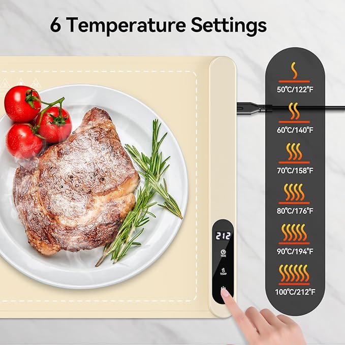 Food Warming Mat, Silicone Electric Warming Tray with 6 Adjustable Temperature, Full Surface Heating, Portable Roll Up Heating Mat with Heat-resistant Pad, Kitchen Food Warmer Pad for Buffets Party