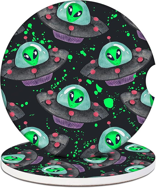 Alien Spaceship Car Coasters for Cup Holders, Absorbent Ceramic Car Coaster Car Cup Holder Coaster Car Accessories for Women Men (2 Pack)