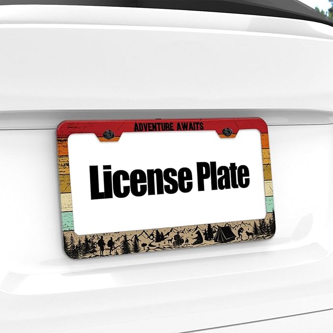 2PCS Adventure Awaits License Plate Frames Colorful Camping License Plate Cover for Personalized Car Decoration