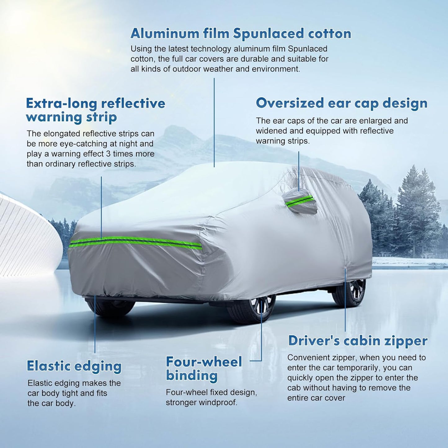 KEYOOG 6-Layer Full Car Cover is All-Weather Waterproof, Universal in All Seasons, Snow Prevention, Rainproof, Acid Rainproof, Sunscreen, Ultraviolet-Proof, Fit SUV 214"-236" Green Reflective Strip