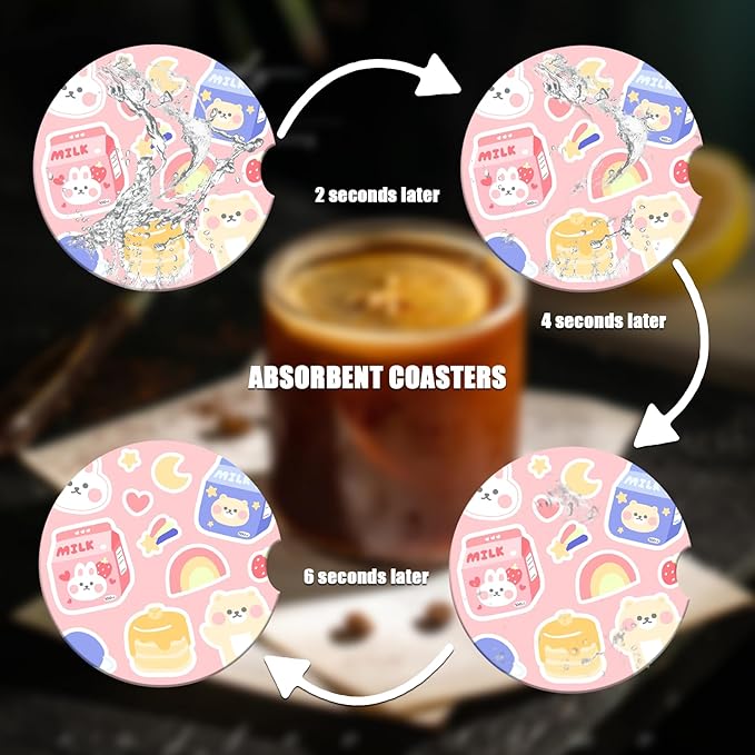 Car Cup Holder Coaster - Milk Strawberry Rabbit Absorbent Ceramic Coaster 2 Pack, Car Coasters for Cup Holders, Fashion Car Interior Accessories Drink Coaster for Women & Men