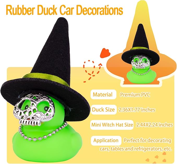 Car Rubber Duck Ornaments Halloween Duck Car Dashboard Decorations with Mini Witch Hat Sunglasses Necklace Halloween Accessories for Halloween Themed Gifts(W12)