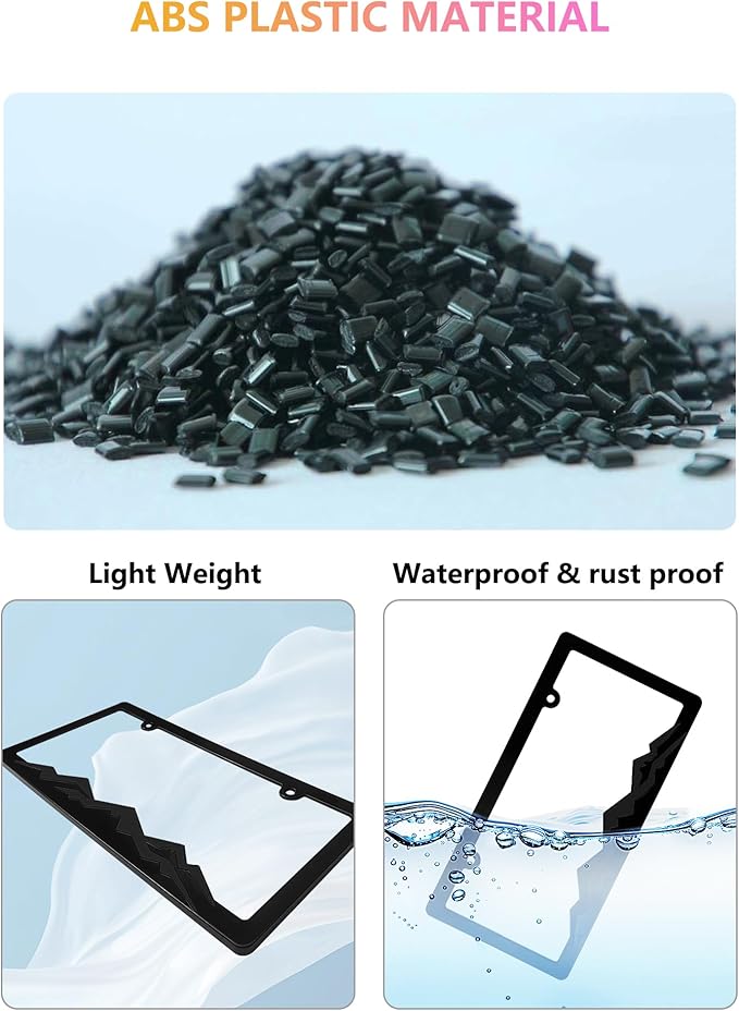 Mountain License Plate Frames - 2 Pack Black Plastic Car Tag Frame with 3D Mountain Design, Included Mountain Vinyl Sticker, Screws & Caps